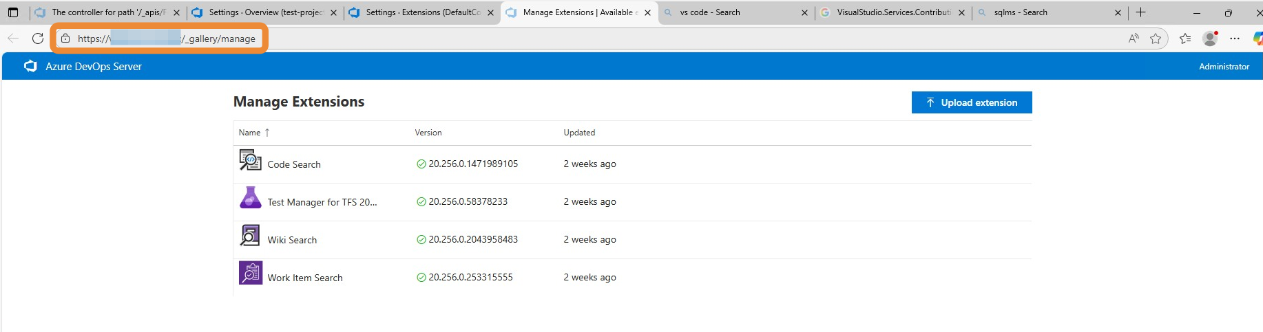 Navigate to the https://your_devops_server_url/_gallery/manage
