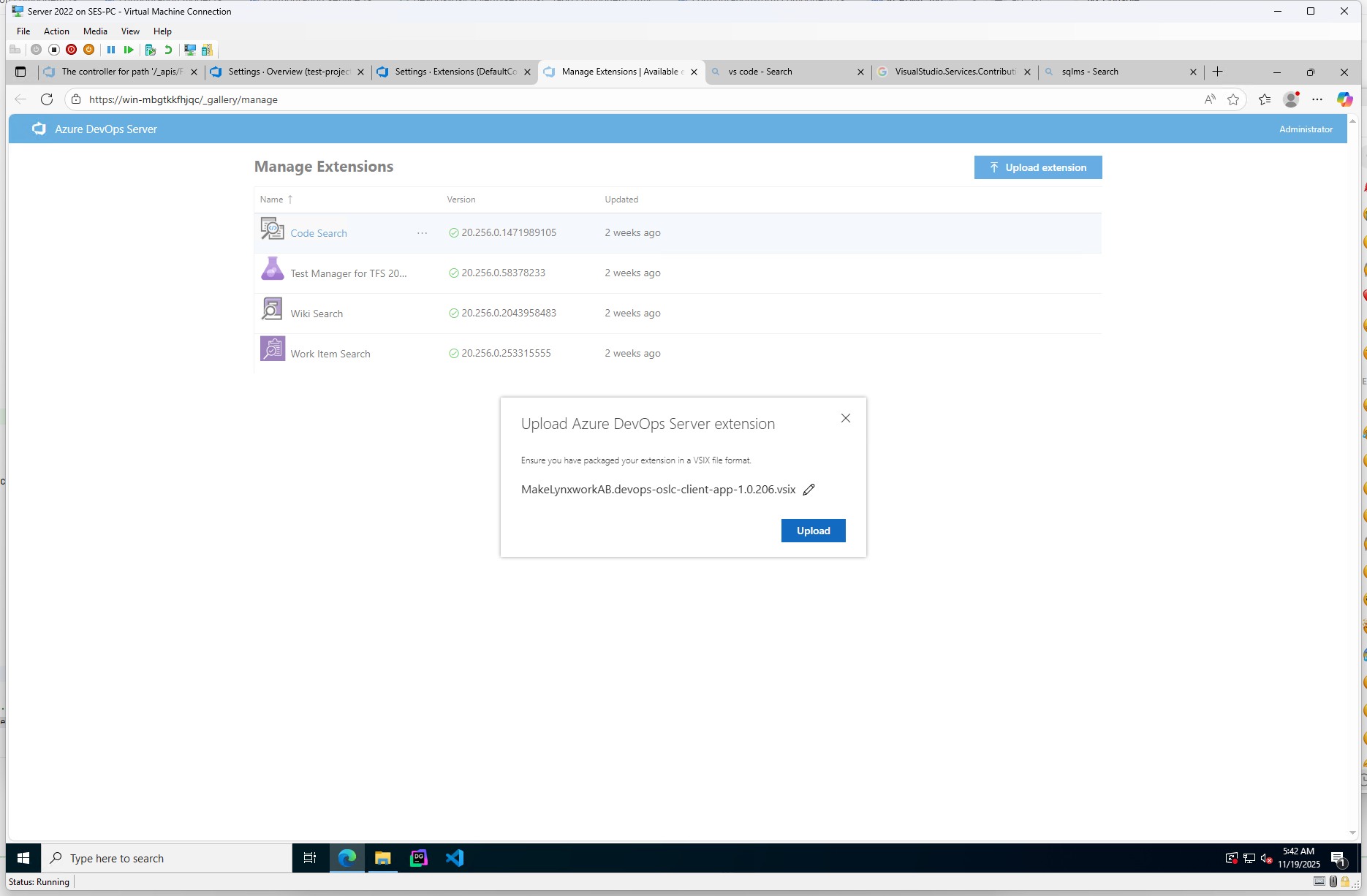 Select the provided extension file MakeLynxworkAB.devops-oslc-client-app-1.0.xxx.vsix and upload it