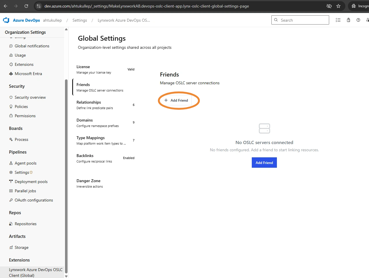 Now you are ready to connect Azure DevOps to external applications. Select Friends > Add Friend